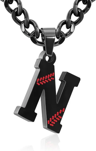 Miniatura 41 de Avotto Collar de béisbol con letra inicial de la A a la Z para niños y hombres, cadena cubana de acero inoxidable resistente que no se decolora