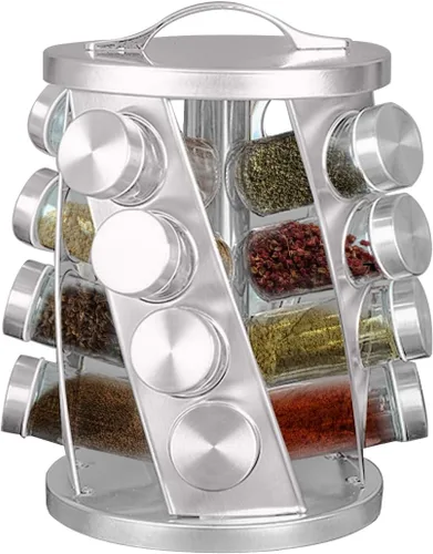Miniatura 14 de Estante de especias portátil de acero inoxidable con 16 tarros de especias incluidos, organizador giratorio de especias para cocina, estante