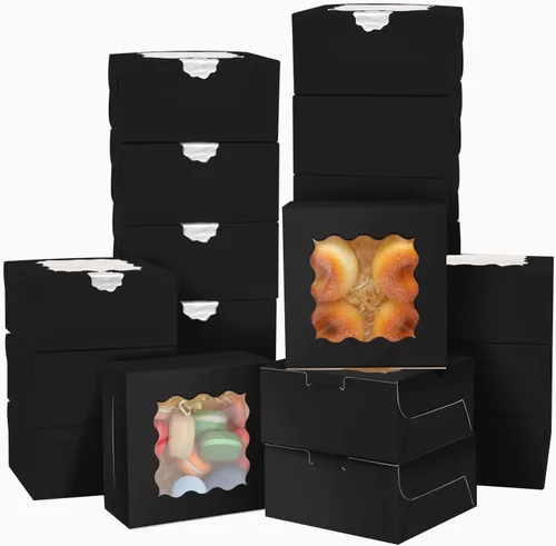 Miniatura 3 de Bakepacker 100 piezas de cajas de panadería negras con ventana de 6x6x3 pulgadas, gruesas y resistentes, cajas de macarrón y de repostería, cajas
