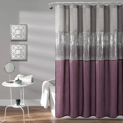 Lush Decor Cortina de Ducha Night Sky, Individual, 72" An x 72" L, Gris y Morado - Cortina de Ducha con Lentejuelas - Cortina de Baño Brillante de