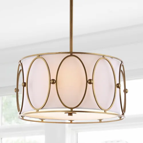 Miniatura 4 de JONATHAN Y Lámpara colgante de 3 luces LED de bronce aceitado/blanco de 19 pulgadas, lámpara colgante moderna con pantalla de tambor de lino blanco