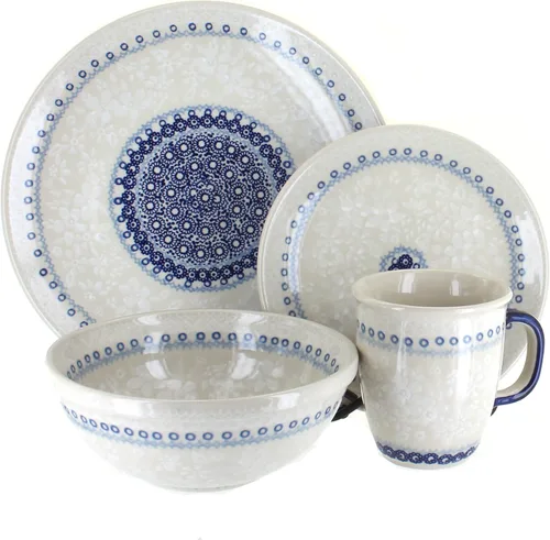Cerámica polaca Blue Rose - Victoria - Juego de vajilla de 16 piezas color blanco roto - 4 ajustes de lugar - Ideal para cenas diarias, comidas