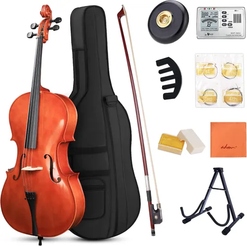 Miniatura 8 de ADM 4/4 Violonchelo acústico de tamaño completo, kit de violonchelo acústico para principiantes con bolsa portátil, soporte, arco, silenciador