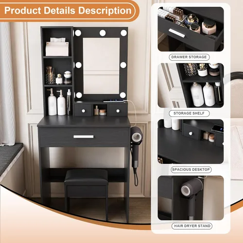 Miniatura 7 de Tocador con espejo y luz LED ajustable, toma de corriente incorporada, con 1 cajón grande, 2 cajones compactos, soporte de secador de pelo