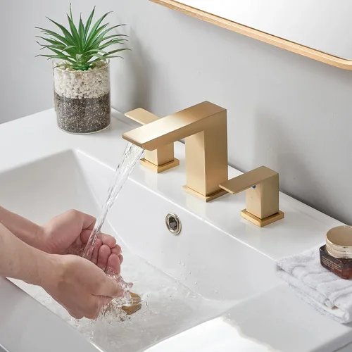 Miniatura 7 de Grifo de lavabo de baño de oro cepillado, grifo de baño de cascada de 3 agujeros, grifos de baño de tocador de 2 asas, grifo de baño moderno