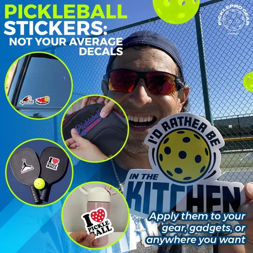 Miniatura 4 de Juego de calcomanías de pickleball – 9 divertidas calcomanías de vinilo + 10 pulseras de primer servidor – Accesorios de pickleball y regalos