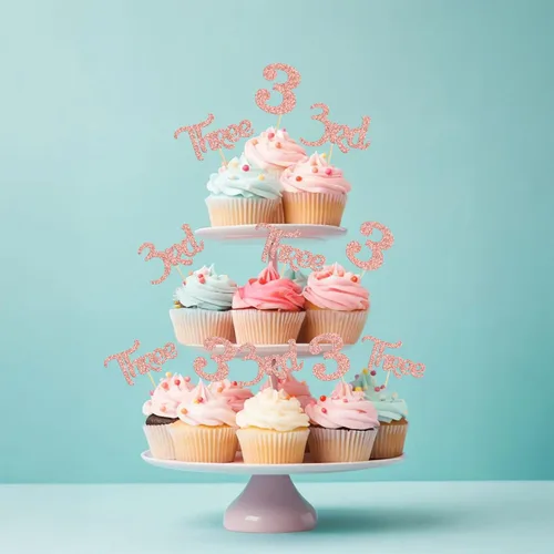 Miniatura 9 de 24 unidades de adornos para cupcakes con purpurina, 3 adornos para cupcakes, púas para cupcakes de 3er cumpleaños, adornos para pastel de baby Oro