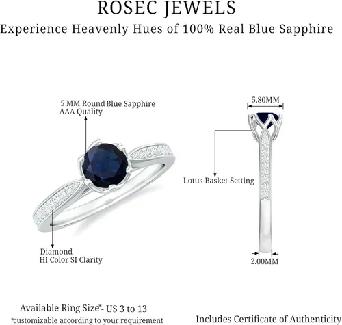 Miniatura 16 de Anillo de compromiso con solitario mínimo de zafiro azul, redondo de 0.197 in, calidad AAA, joyería inspirada en flores para mujer