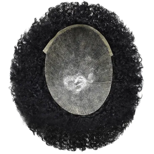 Miniatura 7 de LYRICAL HAIR Afro Curly Mens Toupee Afro American Hair System Replacement 10X8 All Injected Poly Skin PU Afro ondulado 10MM Curl Hairpiece #1B #1B