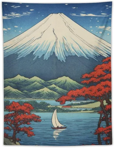 Miniatura 12 de QEOPGNE Tapiz de pared grande con diseño de pez Koi, grandes olas japonesas, flores de cerezo, banderas retro para habitación, sala de estar