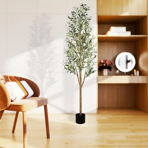 Miniatura 2 de Sunnyglade Árbol de olivo artificial de seda sintética de 6 pies de alto para decoración del hogar, sala de estar, oficina, olivo falso con tronco