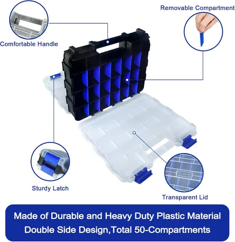 Miniatura 2 de Caja organizadora de herramientas, caja de almacenamiento de piezas pequeñas, 50 compartimentos, organizadores de hardware de doble cara con Azul