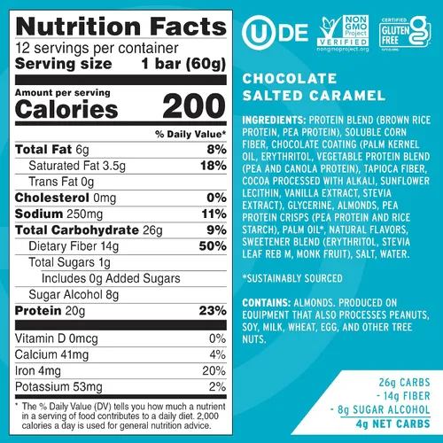Miniatura 2 de No Cow - Barras de alto contenido en proteínas, chocolate con caramelo salado - Snacks saludables, 20 g de proteína vegana, alta en fibra, bajas