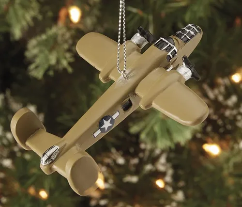 Miniatura 2 de Adorno navideño de avión B-25 Crafted from Resin & Marble, 3.5" Wingspan, Silver Ribbon, Highly Collectable