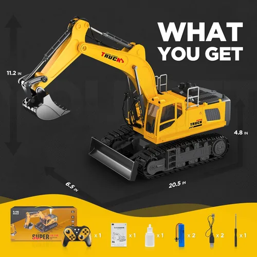 Miniatura 7 de KIDMARKT Juguete grande de excavadora de control remoto de 21 pulgadas con cubo de metal y hoja topadora, juguetes de excavadora RC de 15 canales