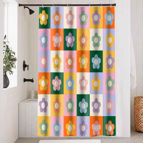 Miniatura 17 de Retro Flower Checkered Shower Curtain Black White Vintage Floral Plaid Fabric Shower Curtians 72x72Inch Washable Groovy Aesthetic Modern Hippie Boho