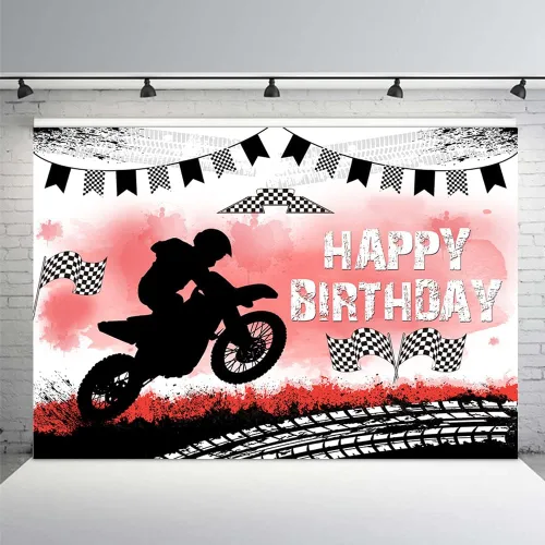 MEHOFOND Telón de fondo de feliz cumpleaños, decoración de fiesta de motocross, telón de fondo de pista de neumáticos de motocicleta, suministros de