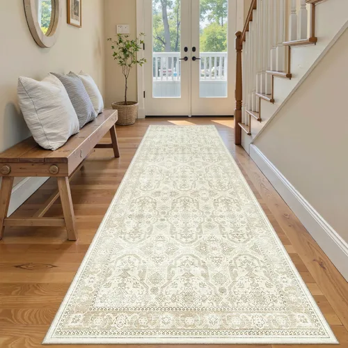 Miniatura 119 de Alfombra de pasillo Soalmost 2'6" x 10' lavable, alfombra antideslizante para cocina, baño, lavandería, alfombras vintage ultra delgadas para Beige