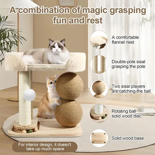 Miniatura 5 de Árbol pequeño para gatos de interior, torre de árbol para gatos con rascador de sisal para gatos, torre para gatos 5 en 1 con bola de juguete