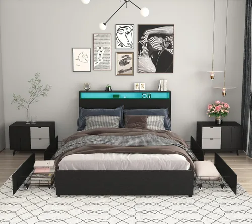 Bellemave Base de cama de tamaño matrimonial con 4 cajones de almacenamiento y carga, marco de cama de tamaño matrimonial con cabecera y estación de
