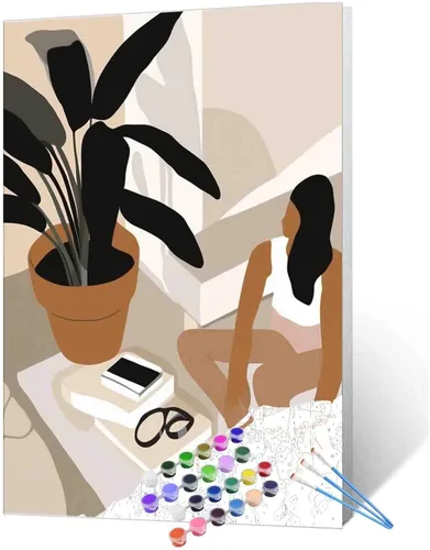 Miniatura 13 de Pintura de niña afro a la moda, kits de pintura por números, 16 x 20 pulgadas, lienzo de hojas tropicales, pintura al óleo para niños y adultos