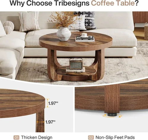 Miniatura 5 de Tribesigns - Mesa de café redonda, mesa de café circular de 2 niveles con almacenamiento, mesa auxiliar moderna de acento de madera para sala