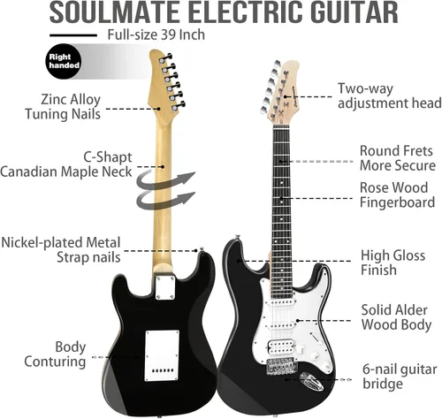 Miniatura 2 de Soulmate - Kit de guitarra eléctrica para principiantes de 39 pulgadas, tamaño completo, guitarra eléctrica de cuerpo sólido con pastilla HSS