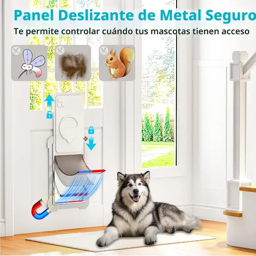Miniatura 3 de Puerta de perro extra grande de 3 solapas para puertas con panel de bloqueo deslizante, marco de acero y túnel telescópico para mascotas, puerta