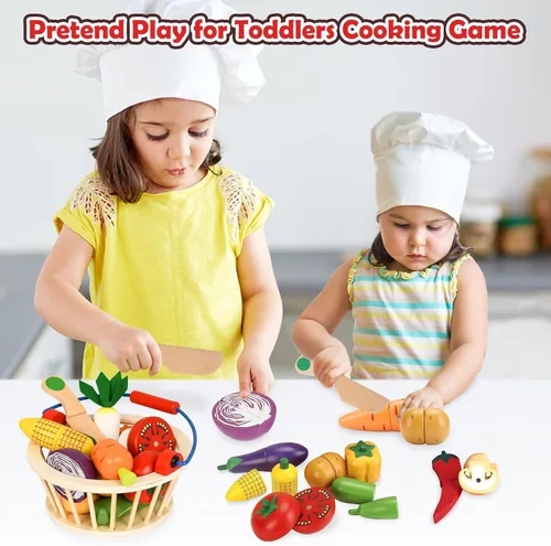 Miniatura 3 de Juguetes vegetales de madera para niños, juego de comida de juego de simulación para niños, juguete de cocina de corte magnético con canasta