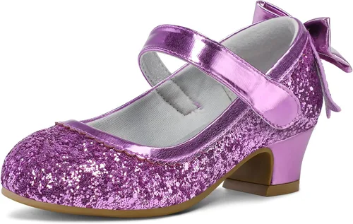 Miniatura 13 de K KomForme Zapatos de vestir para niñas con purpurina Mary Jane tipo pump con lazo, tacón bajo para fiestas y bodas, zapatos de princesa
