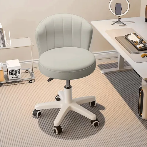 Silla de Escritorio Pequeña Silla Rodante Redonda con Respaldo de Cuero PU Altura Ajustable Giratoria de Tocador Trabajo Computadora Taburete Silla