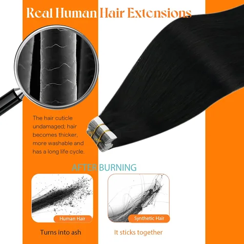 Miniatura 7 de Sunny Hair - Extensiones de cabello humano real para mujer, con cinta adhesiva invisible, Remy, color negro azabache, 12 pulgadas, 20 piezas