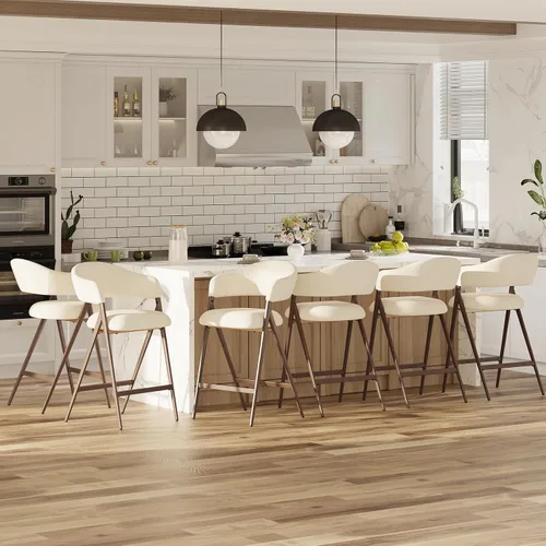 Miniatura 14 de COLAMY Juego de 2 taburetes de bar de 26 pulgadas de altura de mostrador con respaldo, sillas de bar tapizadas modernas con patas de metal para Beige