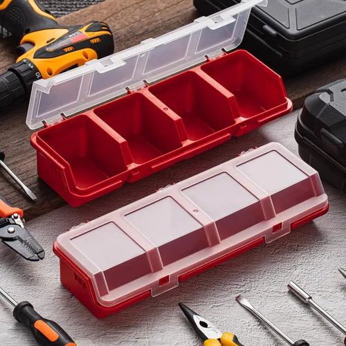 Miniatura 6 de Hushee Caja Organizadora de Tornillos de 6 Piezas con Tapa, 4 Compartimentos, Caja de Herramientas con Divisores de Plástico, Organizador Apilable