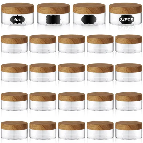 Miniatura 50 de Dandat 24 piezas 8 oz tarro de plástico con tapa y etiqueta recargable, contenedor redondo transparente vacío con muestras cosméticas PET blancas