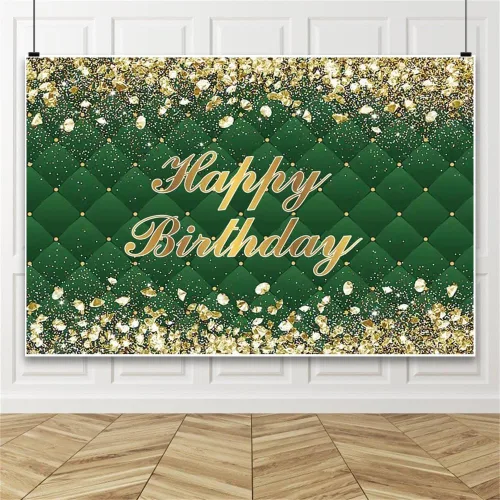 Miniatura 2 de Renaiss Cartel de fondo de feliz cumpleaños de 8 x 6 pies para sesión de fotos, retrato de diamantes dorados, fondo verde de fotografía para hombres