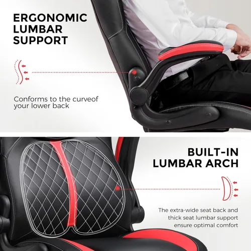 Miniatura 7 de COMHOMA Silla ergonómica para juegos de oficina para adultos, con soporte lumbar, brazos abatibles, altura ajustable, ruedas giratorias de piel Nred