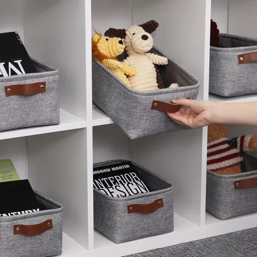 Miniatura 2 de HNZIGE Cestas organizadoras grandes de tela (3 unidades), canastas decorativas plegables con asas de cuero (crema, 15 x 11 x 9.5 pulgadas)