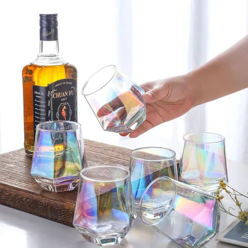 Miniatura 3 de Juego de 4 copas de vino sin tallo, modernas copas de vino de diamante arcoíris, sin plomo, juego de copas de vino iridiscentes de cristal prémium