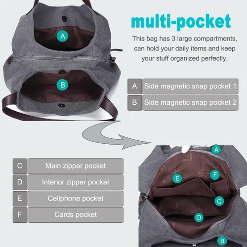 Miniatura 2 de DOURR Bolso de hombro con múltiples bolsillos para mujer bolso de lona de algodón a la moda