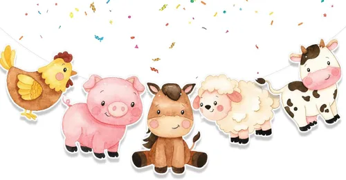 Cartel de cumpleaños de animales de granja – Decoración de fiesta de granero con vaca, cerdo, caballo, oveja y pollo para cumpleaños de niños y