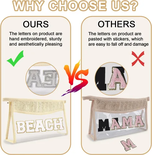 Miniatura 5 de Iqimott 2 bolsas de maquillaje con parches transparentes, bolsa de letras boho para nadar en la playa, bolsas de maquillaje impermeables