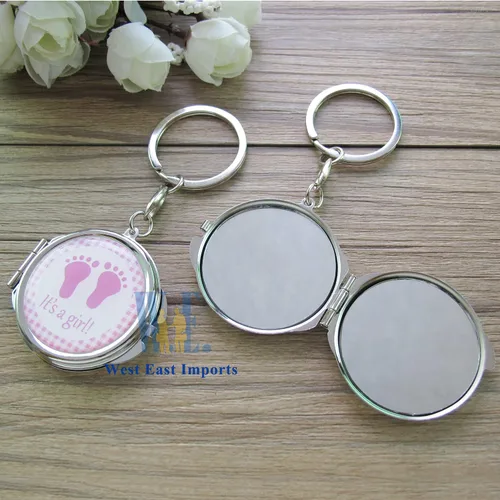 Miniatura 7 de 12 llaveros de espejo compacto para baby shower, con bolsa de organza, diseño de huella rosa