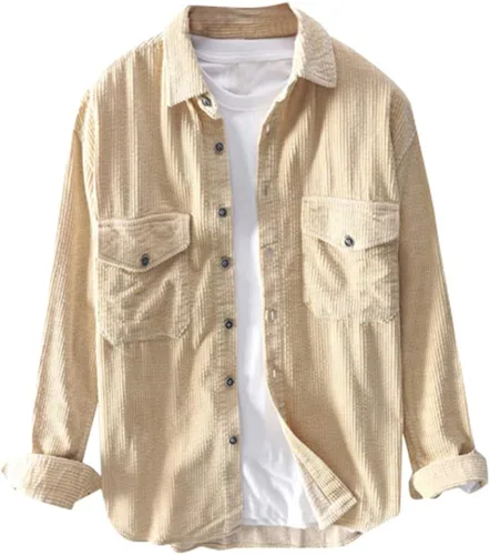 Camisa de pana de los hombres de manga larga de cuello de vuelta camiseta Top Casual de invierno solapa pecho bolsillo botón blusa M-3XL