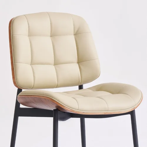Miniatura 4 de GrandNoor Sillas de Comedor Modernas de Mediados de Siglo con Respaldo de Veta de Nogal, Sillas de Comedor de Cuero Sintético Beige Juego de 2