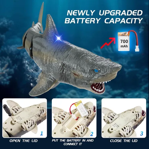 Miniatura 4 de Juguetes de agua de tiburón a control remoto para piscina, juguetes de verano para niños, megalodón de natación realista recargable con luz, regalo
