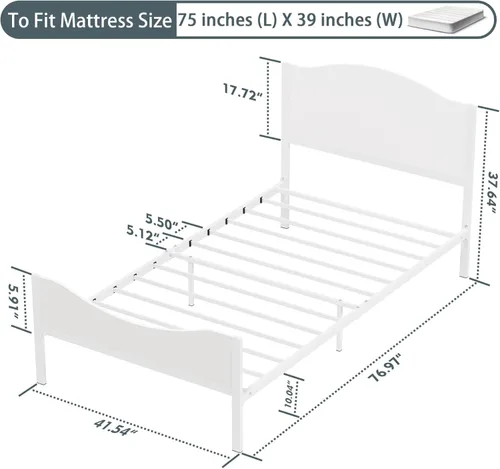 Miniatura 2 de Timy Marco de cama individual para niños con cabecera y estribo de madera, marco de cama de plataforma de metal para niños, niñas, adolescentes