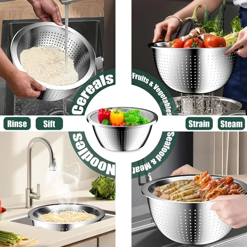 Miniatura 3 de Juego de cuencos para mezclar con tapas herméticas, 4 cuencos de acero inoxidable anidados y colador, organizadores de cocina y almacenamiento