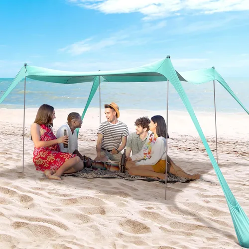 Miniatura 10 de Tienda de campaña familiar para playa, toldo para el sol, tienda de campaña de playa grande desplegable, estabilidad, 4 postes con bolsa