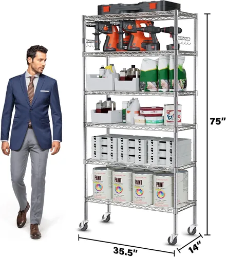 Miniatura 3 de YNN Estantes de almacenamiento, 6000 libras, 6 niveles de metal resistente con ruedas y 8 ganchos, estante de alambre ajustable para garaje, cocina